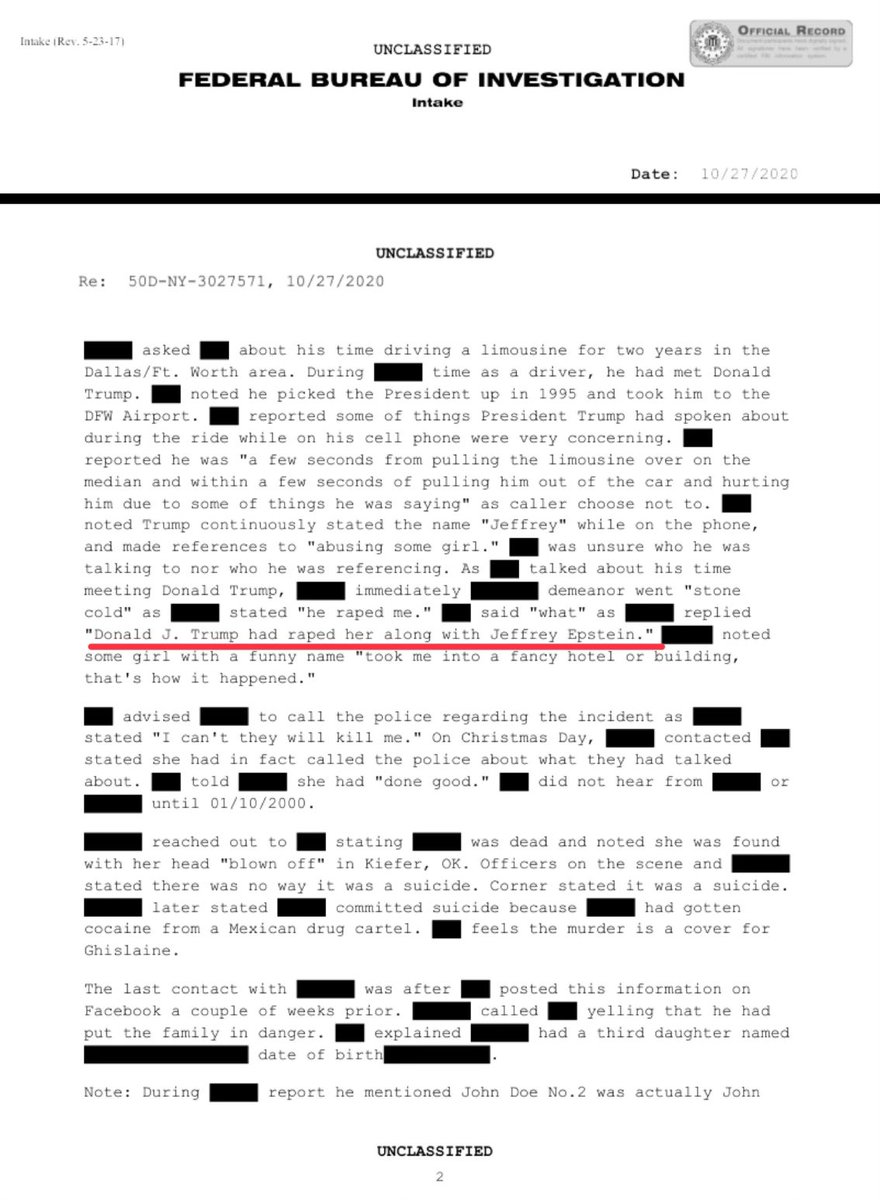 KimDotcom's tweet image. Interesting FBI document:

“Donald J. Trump had raped her..."