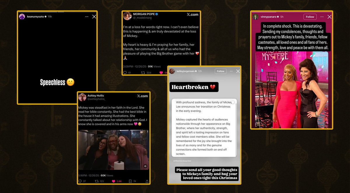 BBigBrotherBuzz's tweet photo. All 16 of Mickey’s fellow houseguests have now shared their reactions following her passing, along with a tribute from Julie Chen Moonves. #BigBrother #BigBrotherBuzz #BB27 https://t.co/kRENC7RQVf