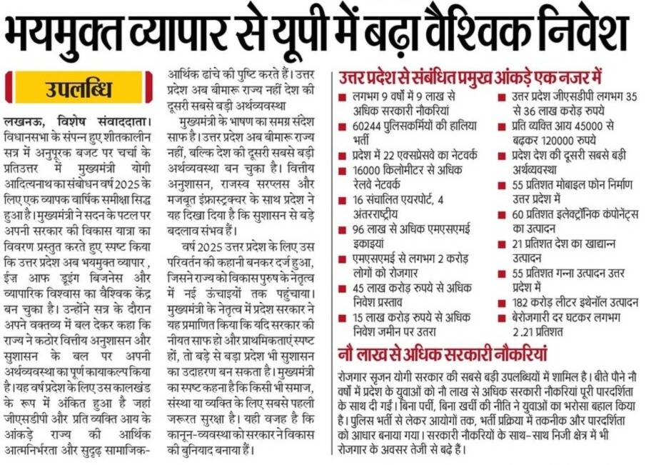 मुख्यमंत्री <a href="/myogiadityanath/">Yogi Adityanath</a> जी के नेतृत्व में उत्तर प्रदेश में सुरक्षित, सुव्यवस्थित एवं निवेशक-अनुकूल व्यापारिक वातावरण का निर्माण हुआ है।

सुदृढ़ कानून-व्यवस्था और प्रभावी नीतिगत सुधारों के चलते प्रदेश में वार्षिक निवेश में निरंतर उल्लेखनीय वृद्धि दर्ज की जा रही है।