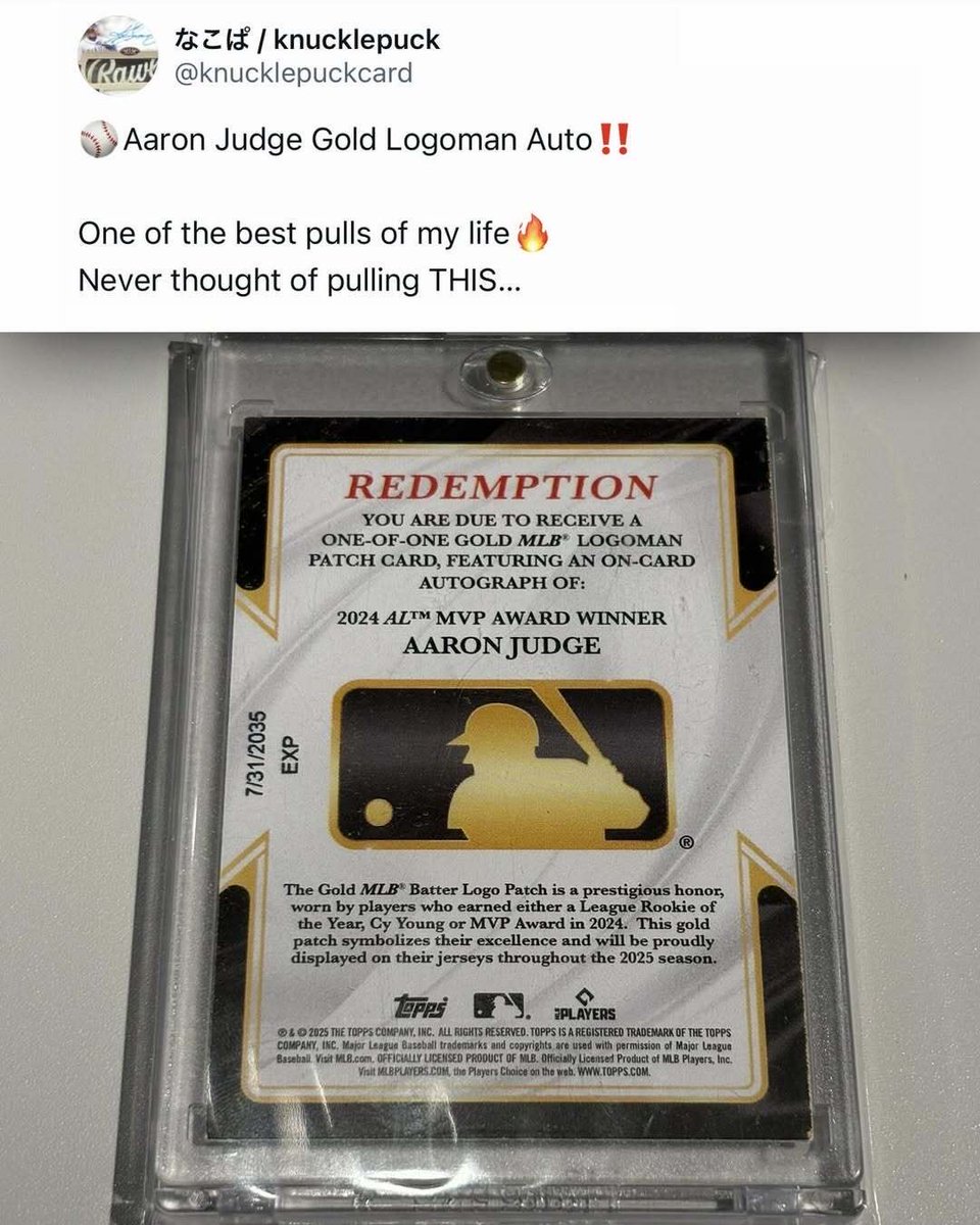 アーロン・ジャッジの1-of-1ゴールド・ロゴマンが日本で発見される
