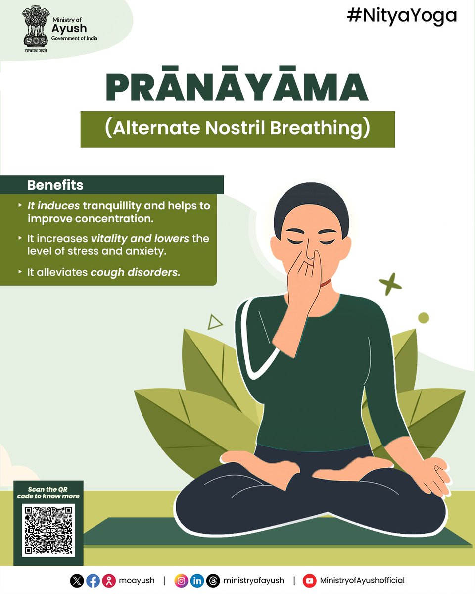 In a world full of chaos, let Pranayama be your partner in peace.  This simple breathing technique silences the noise, lowers stress, and boosts focus. Reclaim your calm and find balance today.

#NityaYoga  #PublicHealth  #HealthForAll <a href="/mpprataprao/">Prataprao Jadhav</a> <a href="/mdniy/">Morarji Desai National Institute of Yoga (MDNIY)</a> <a href="/DirectorCcryn/">CCRYN</a>