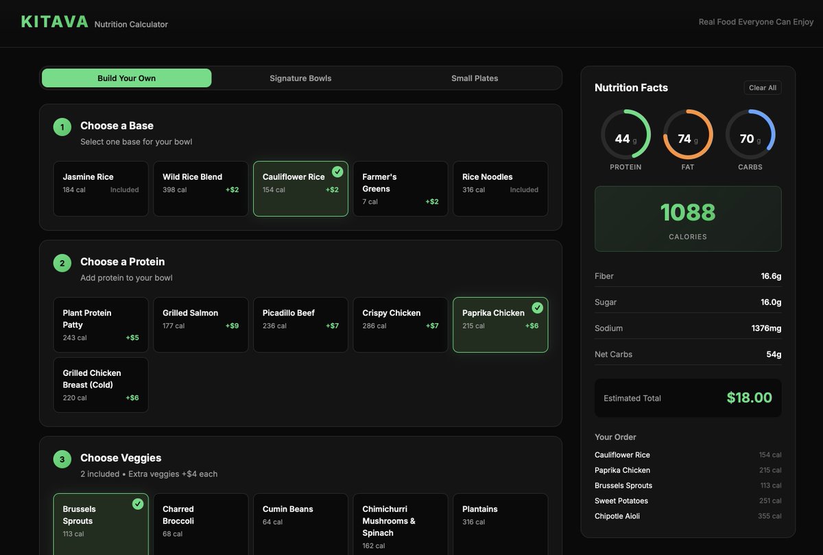 I order from Kitava too much and hate reading pdf tables so if you're part of the <100 TAM people who frequent Kitava and track macros I vibecoded a nutrition calculator for you