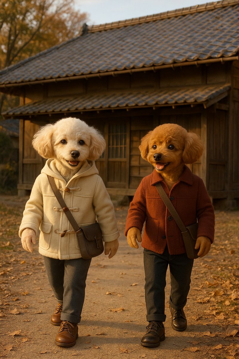 本日のワンショット🐶
🐾実写風シリーズ🐾

夕焼けに染まる生家跡を歩く兄弟に、冬風がそっと寄り添う✨

静かな時間が胸に沁みる🍂

散策の一歩ごとに物語が深まる🏡

でちゅ～～～🐶💕💕💕
#トイプー
#犬好きさんと繋がりたい
#AIイラスト
#夕焼忌
#椋鳩十