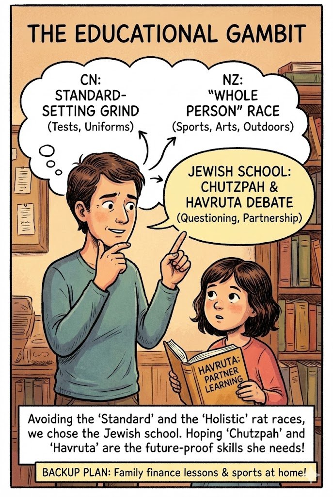 #vagabond 最近X上很多讨论李飞飞的K12教育观，想到最近对孩子教育的决策。为了避开“卷标准”的CN教育和“拼素质”的NZ教育，把孩子送进了NZ唯一的犹太学校，希望卷质疑精神（Chutzpah）和伙伴式辩论（Havruta）的基底能给她新的能力应对未来。。大不了课后部分进补投资、AI和运动作为保底吧。