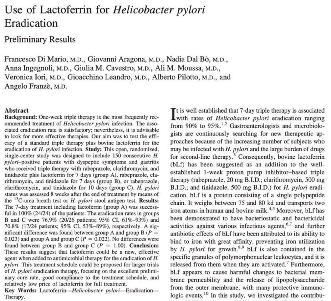 tatiann69922625's tweet image. La lactoferrine éradique la bactérie H. pylori sans détruire le microbiome

50 % des personnes âgées de plus de 60 ans sont infectées par H. pylori, ce qui :
- provoque des ulcères et des gastrites ;
- augmente le risque de cancer jusqu'à 600 % ;
- entraîne des ballonnements…