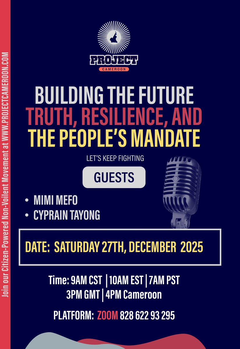 projectcameroon's tweet image. Join us for our usual zoom meeting on
Saturday December 27 at 10 am EST, 4pm Cameroon time.

us06web.zoom.us/j/82862293295

#FreeCameroon #Liberezlecameroun
