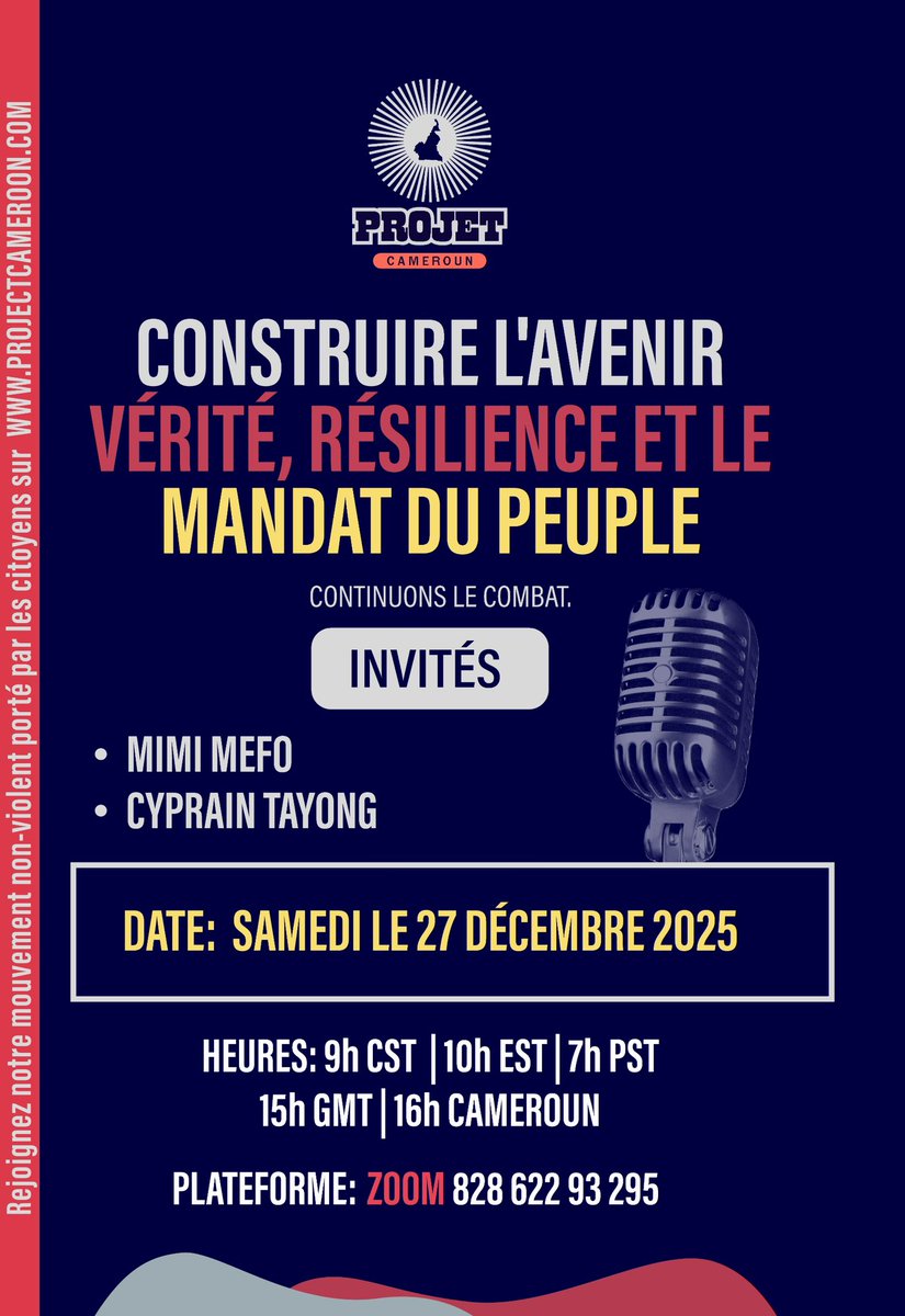 projectcameroon's tweet image. Join us for our usual zoom meeting on
Saturday December 27 at 10 am EST, 4pm Cameroon time.

us06web.zoom.us/j/82862293295

#FreeCameroon #Liberezlecameroun