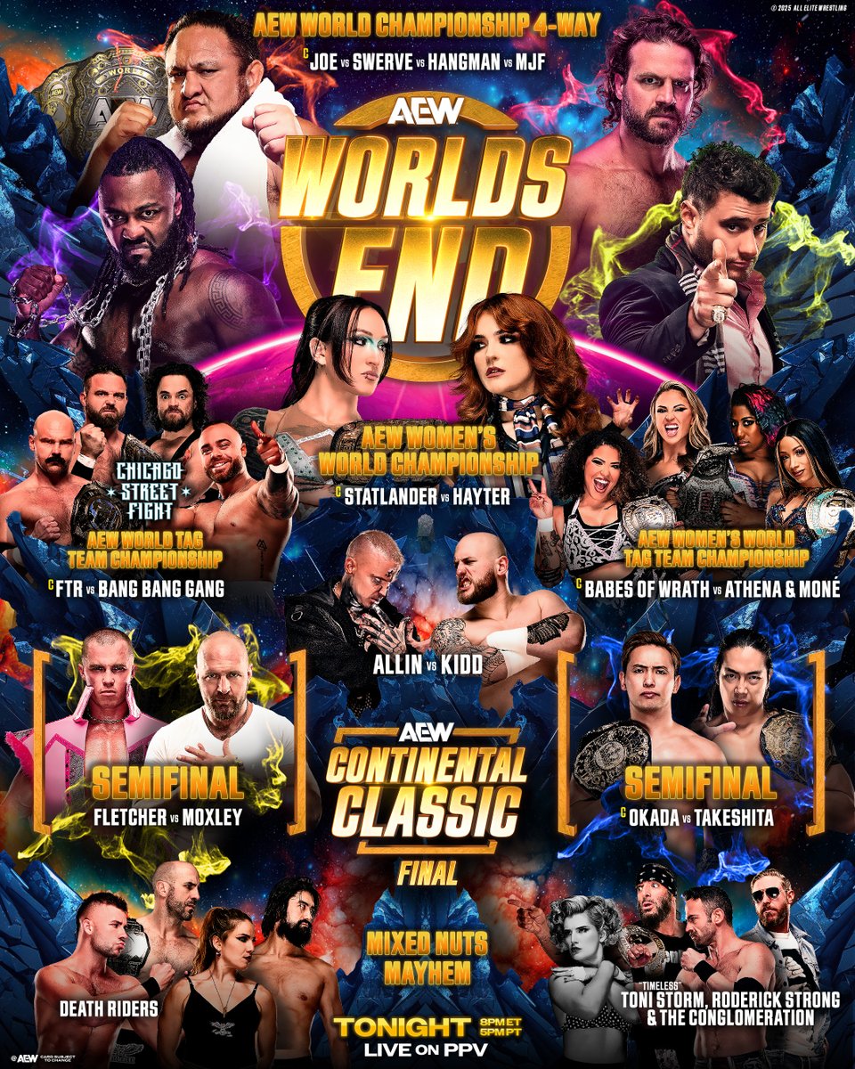 AEW's tweet image. 🌐 TONIGHT! 🌐

#AEWWorldsEnd is coming to you LIVE from Chicago, IL with a stacked show!!

There's still time to order the show to get the show at a special price as an HBO Max Subscriber!
hbomax.com/aew?utm_source…