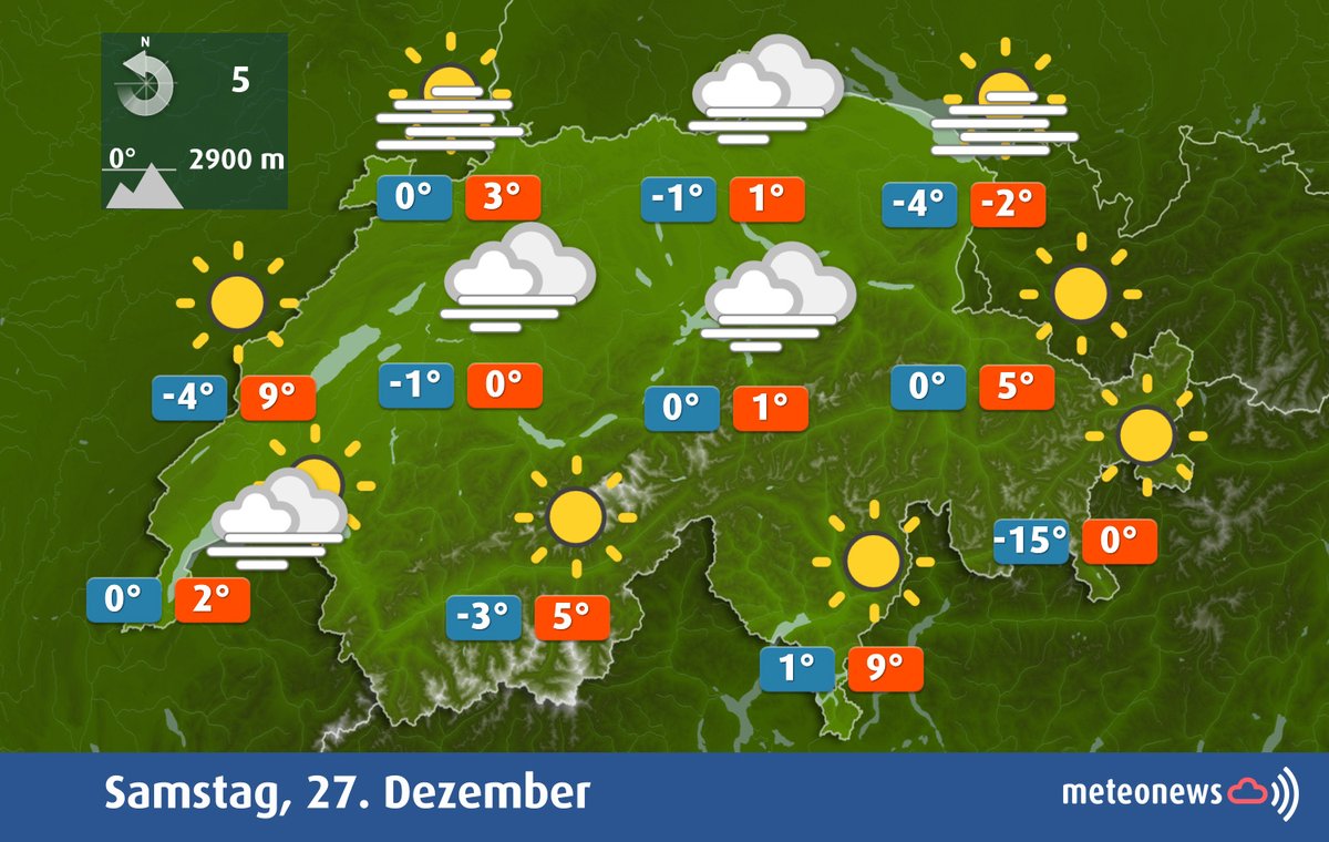 MeteoNewsAG's tweet photo. Im Flachland liegt #Hochnebel mit einer Obergrenze um 1000 m, diese Schwaden können sich am Nachmittag teilweise auflockern. Ober- und ausserhalb des Nebels lacht die #Sonne von einem blauen Himmel, die #Nullgradgrenze steigt auf 2800 bis 3100 m! https://t.co/2lv0pkyvq7 (km) https://t.co/rhnqCBC22a