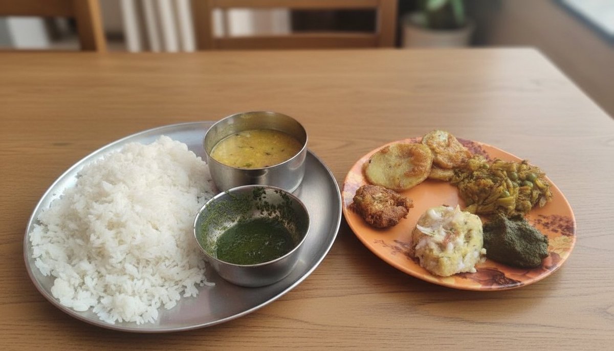 मगध इलाके में इस मौसम की थाली: दाल-भात-चोखा, मटर-बंदगोभी की सूखी सब्जी, कद्दू और प्याज का बचका(बीरी), बथुआ/चना/सरसो/मूली के पत्ते का साग और धनिया की चटनी। अब जीवन में इससे ज्यादा और क्या चाहिए! #TasteOfBihar