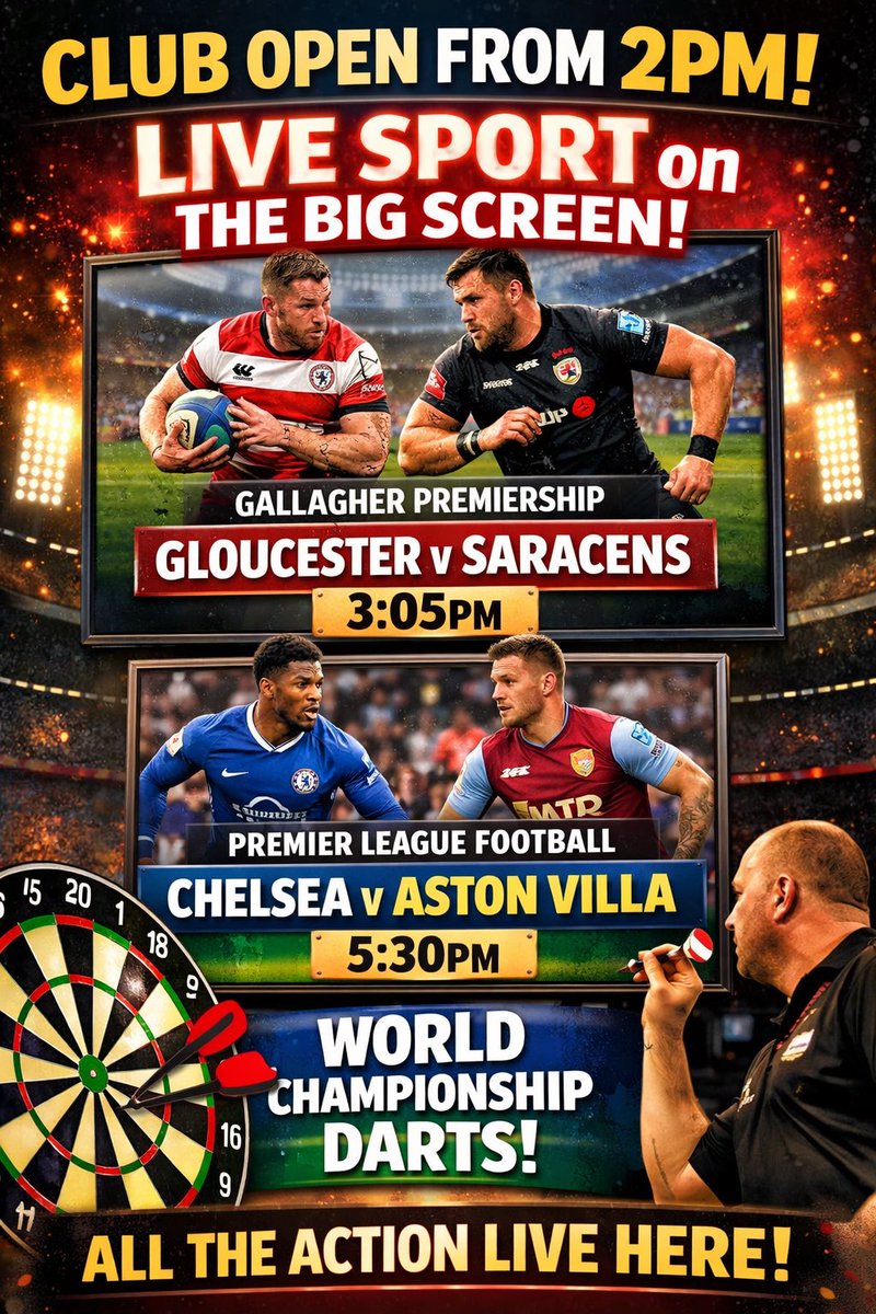 rhymneyrfc's tweet photo. We are open from 2pm today with Plenty of LIVE SPORT to enjoy ON THE BIG SCREEN including Gallagher Premiership Rugby, Premier League Football and the latest round of matches from the Darts World Championships 🏉⚽️🎯 https://t.co/4TSxKlriSL