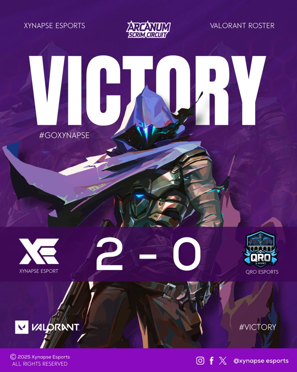 ¡VICTORIA! 🥇 🔥🙂‍↕️ 
Nos llevamos la serie 2–0 en contra de QRO ESPORTS.
Buen nivel del rival, pero hoy impusimos nuestro ritmo de principio a fin.

Seguimos avanzando. 🚀
#GoXynapse #Victory #Valorant #GGWP
