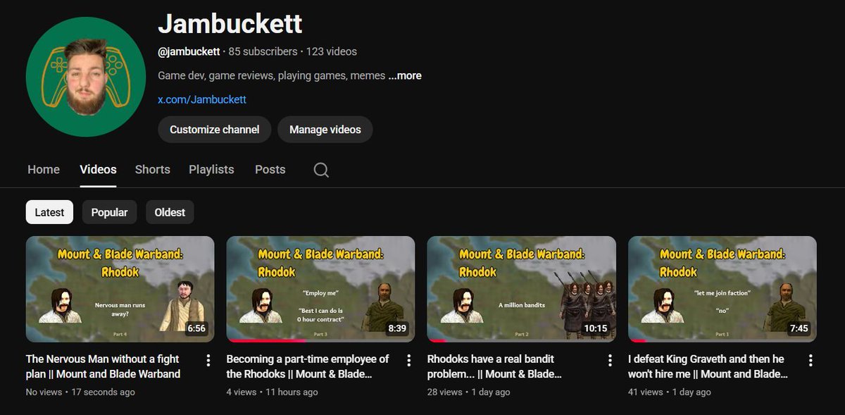 Jambuckett's tweet image. They say it takes 100 videos to get good at Youtube... I'm 4 down so far

Found my voice, testing different editing styles, and focusing on giving each video a point instead of me doing things for 10 minutes

#newyoutuber #youtuber #youtube #gamer #mountandblade