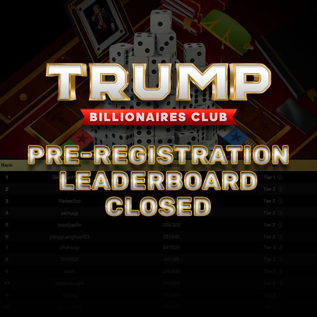 📣 The Pre-Registration Leaderboard for Trump Billionaires Club has officially closed! 

Stay tuned as the final results are being audited