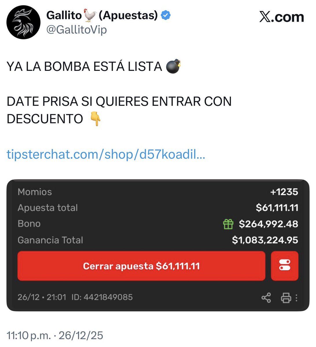 PicksdelSoplon's tweet photo. Ya compré la bomba de Gallito vip para el último millón del año ¿La van a querer? 
Me costó $500 MXN, si llegamos a +100 likes la suelto GRATIS ❤️❤️ https://t.co/mQ39TqxgEi
