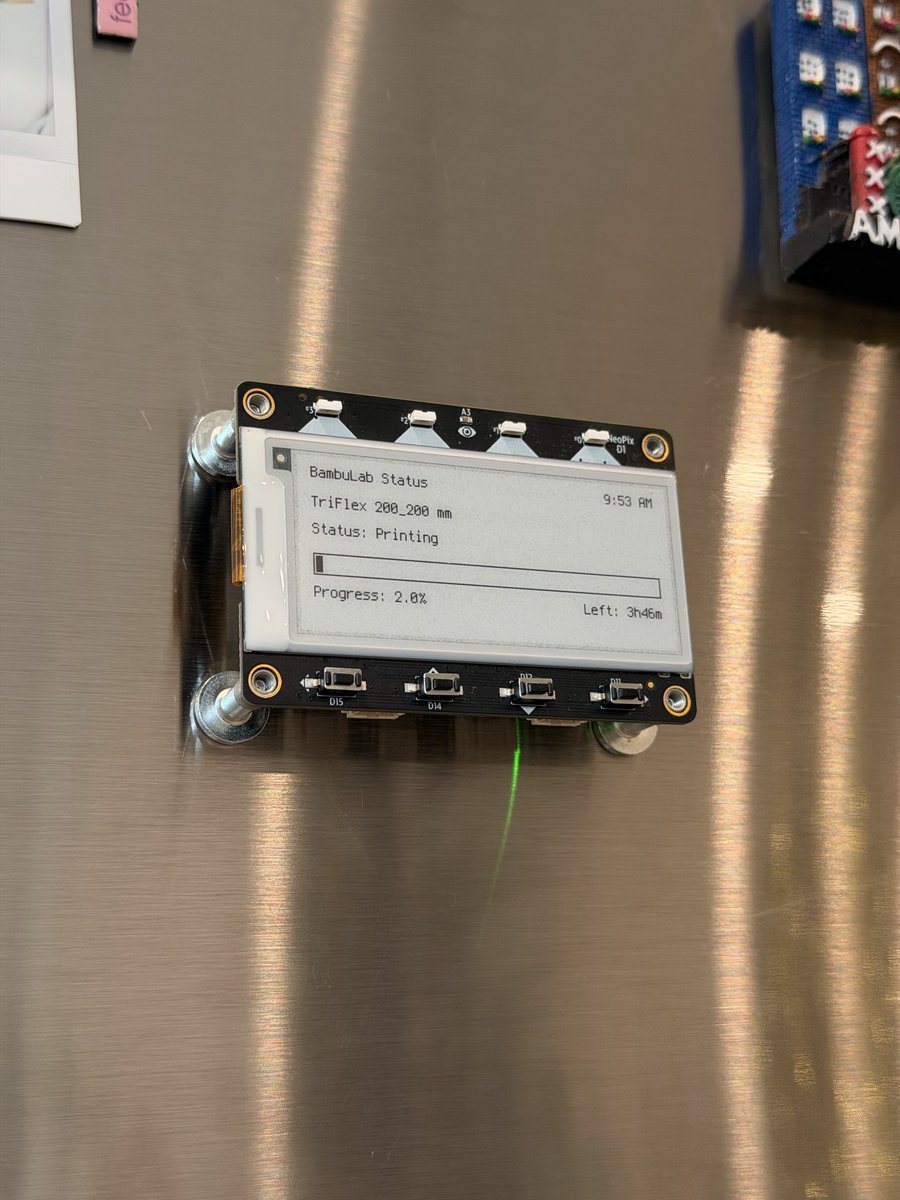 My son has been using his 3D printer almost 24/7 since last month when he got it for his birthday, so I built this BambuLab printer status monitor for <a href="/adafruit/">adafruit industries</a> MagTag. Mac mini is doing the actual monitoring over MQTT, with MagTag pulling only most valuable info from it.