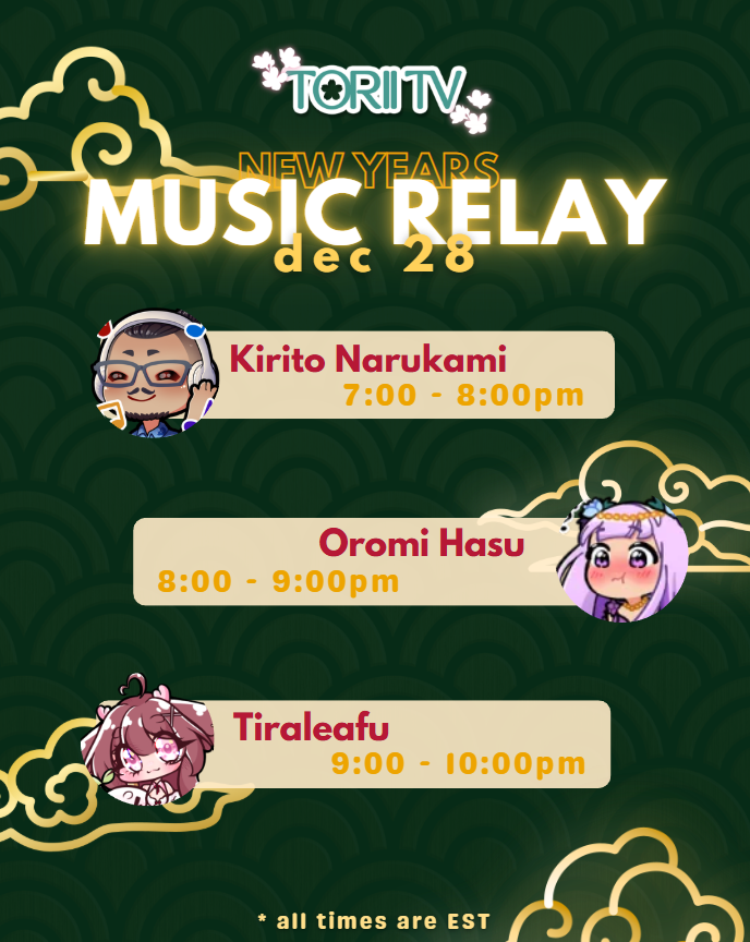 ToriiTVOfficial's tweet photo. Our team will be doing a fun music relay on dec 28 starting at 7pm EST! https://t.co/mKELPL2G2u