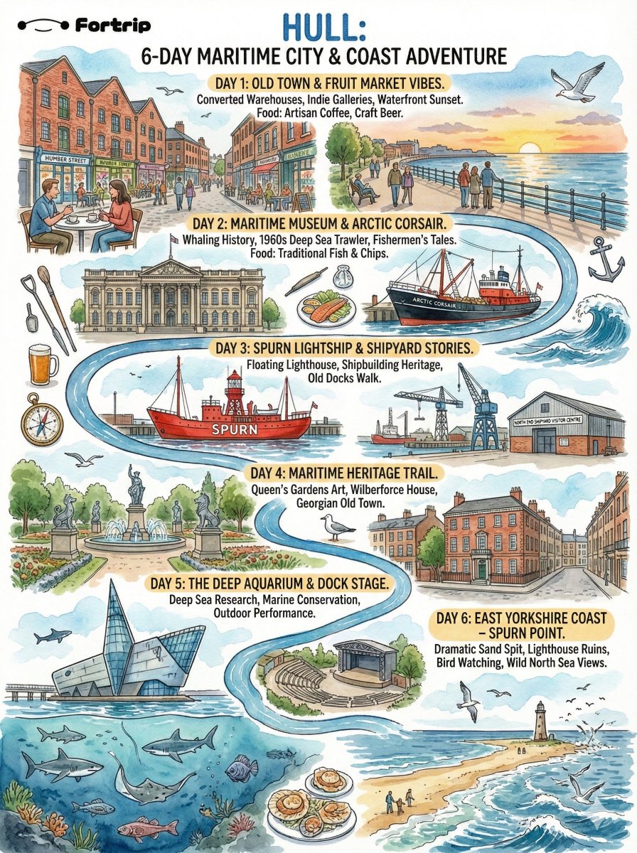 fortripai's tweet photo. 🇬🇧 Skip London & Edinburgh! The Ultimate 6-Day Hull Exploration

Forget the usual tourist traps. If you want old warehouses, sea breezes, and a living port city with a deep maritime soul, save this itinerary! ⚓️

Day 1 | First Impressions: The Fruit Market
Plan: Arrive & check into the Old Town / Fruit Market area.

Activity: Wander Humber Street (galleries, design shops, independent cafes) ➡️ Walk the Humber Waterfront.

✨ Highlight: Watching the sunset from a bar converted from an old warehouse. This is a city that still breathes the sea.

Day 2 | Maritime Roots: Whaling & Fishing
Morning: Hull Maritime Museum (Keep an eye out for the 2026 grand reopening!).

Afternoon: Board the Arctic Corsair, a 1960s North Sea cod trawler.

✨ Highlight: Standing on a real Arctic vessel to see the frozen decks and equipment that local fishermen used for decades.

Day 3 | Guardians of the Humber
Activity: Explore the Spurn Lightship (a lighthouse boat) ➡️ North End Shipyard Visitor Centre.

✨ Highlight: Discover the "lighthouse on water" and learn about the dangerous tides of the Humber and the workers who built these giants.

Day 4 | Walking Through History
Plan: Follow the Maritime Heritage Trail.

Visit: Queen’s Gardens & William Wilberforce House (Explore the history of the slave trade and the abolition movement).

✨ Highlight: Wandering the Georgian Old Town—it’s not just looking at history; it’s walking through it.

Day 5 | The Deep: Science & Sea
Morning: The Deep Aquarium (A world-class research and conservation facility).

Afternoon: Catch a rehearsal or outdoor show at Stage@TheDock.

✨ Highlight: The Deep is more than an aquarium; it’s a deep dive into marine biology and research.

Day 6 | The Dramatic East Yorkshire Coast
Option A: Spurn Point—A narrow, shifting sand spit reaching into the North Sea.

Option B: Flamborough Head—Iconic white cliffs and sea bird colonies.

✨ Highlight: Seeing the raw power of the North Sea and understanding why this estuary was both a lifeline and a "death trap" for sailors.

⚓️ Why Hull is worth 6 days?
Underrated Gem: Zero tourist crowds and a truly authentic British vibe.

Narrative Travel: A perfect mix of ocean, industrial history, and culture.

Walkable City: Most major attractions are compact and easily accessible on foot.

#Hull #VisitHull #Yorkshire #MaritimeHistory #TheDeep #HiddenGems #EnglandTravel #TravelGuide #ExploreBritain #BritishCoast #AdventureAwaits #fortripai