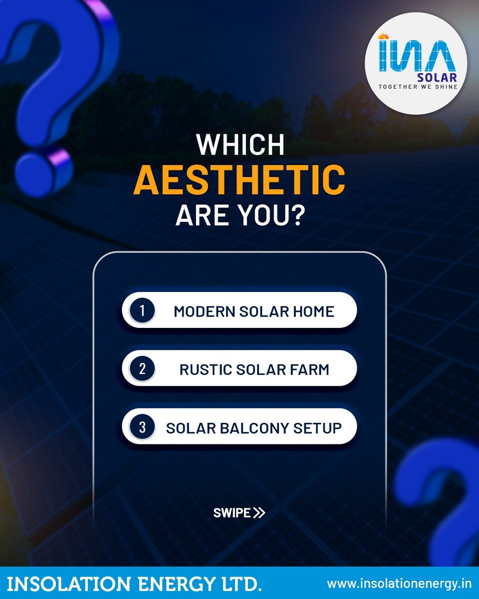 insolationenrgy's tweet photo. Swipe through, tap your choices & tell us what energy matches your mood today.
This one’s all about you and your journey toward smarter energy.
Drop your picks in the comments and let’s talk solar!
INA Solar - Together, We Shine.
#inasolar #solarvibes #cleanenergychoices https://t.co/oUJwV19RMG