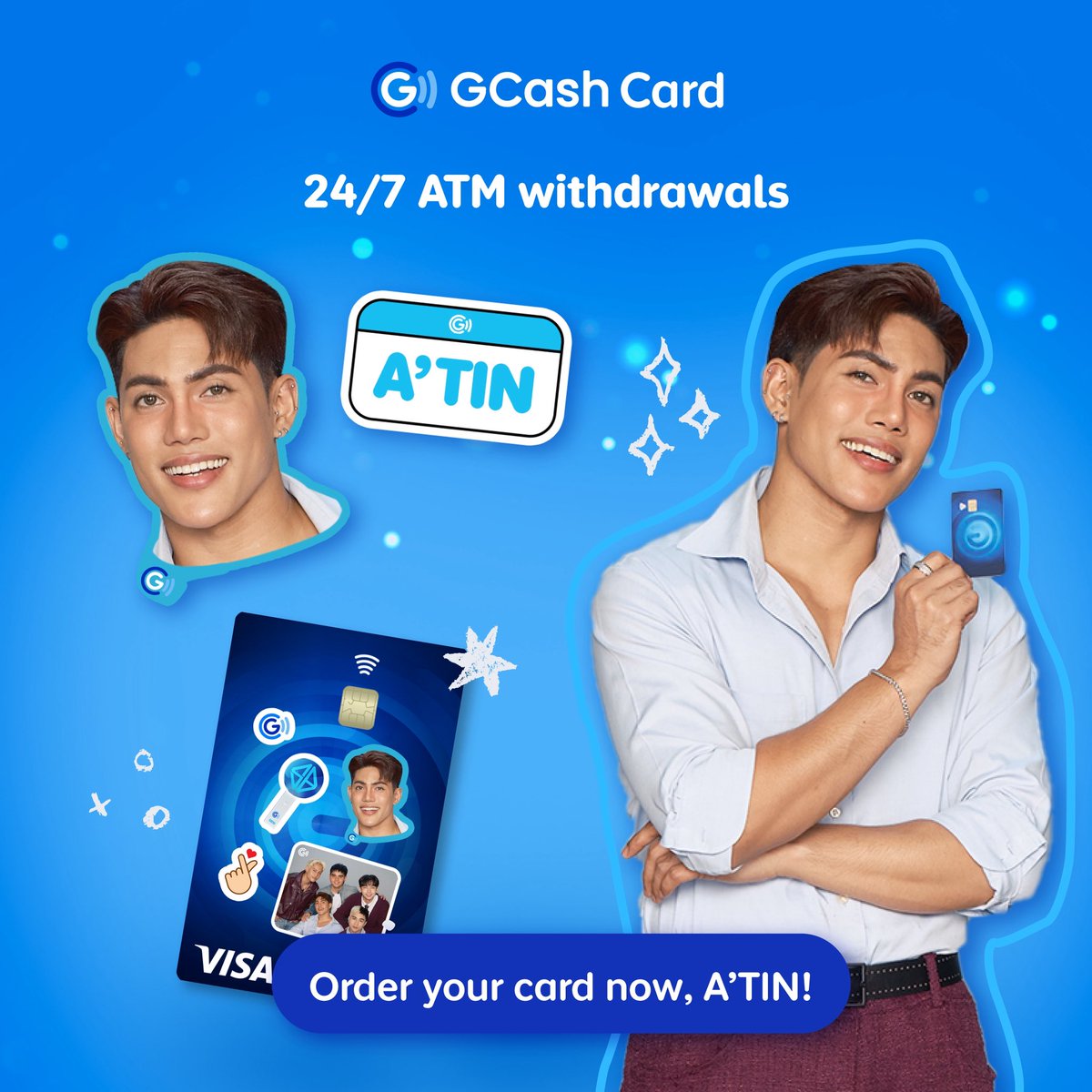 gcashofficial's tweet photo. Calling A’TIN: Show your bias some love by decorating your GCash Card with his photo! 💙💳

Order yours now to get a limited edition SB19 sticker pack ✨

#MasMerrySaATIN
#FlexYourGCashCard #SB19ForGCash https://t.co/kztzCtpfjw