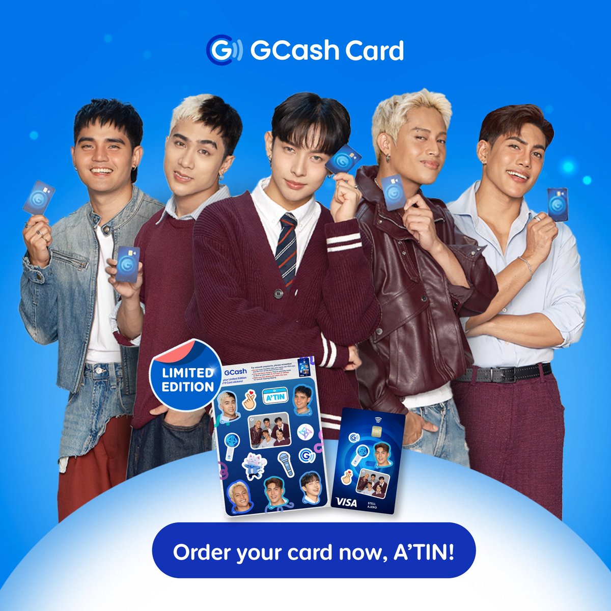 gcashofficial's tweet photo. Calling A’TIN: Show your bias some love by decorating your GCash Card with his photo! 💙💳

Order yours now to get a limited edition SB19 sticker pack ✨

#MasMerrySaATIN
#FlexYourGCashCard #SB19ForGCash https://t.co/kztzCtpfjw