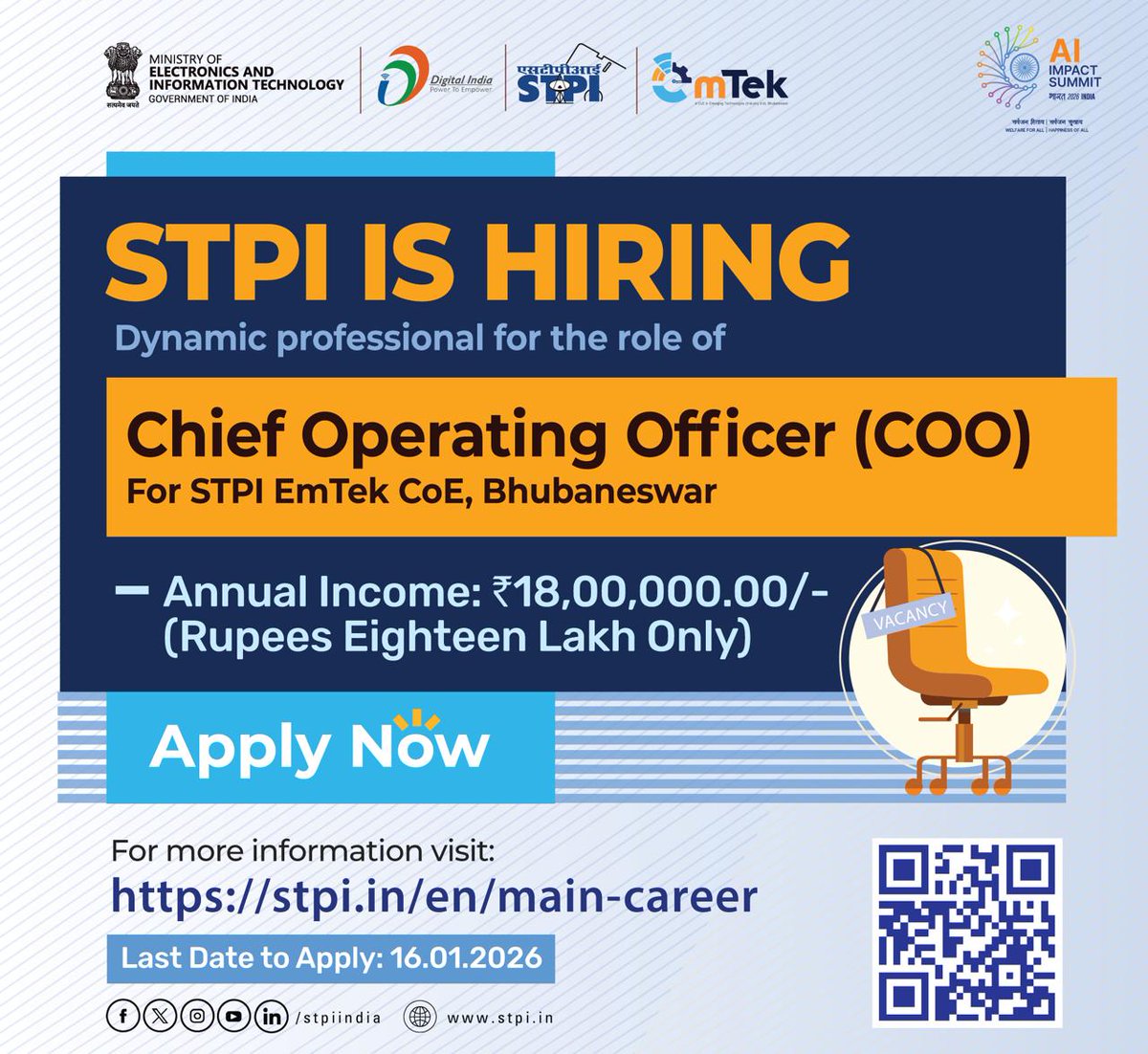 📢 Hiring Alert! 

STPI is looking for a Chief Operating Officer (COO) to drive innovation and impact 🚀⚙️

Position Details:
➡️ Vacancy: Chief Operating Officer (COO) 
➡️ Annual Income: Rs. 18 LPA
➡️ Location: STPI EmTek CoE, Bhubaneswar 
➡️ Application deadline: 16th January,