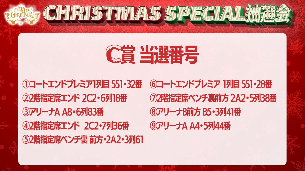 🎅クリスマススペシャル抽選会🎄 C賞、D賞の当選番号はご覧の通りです
