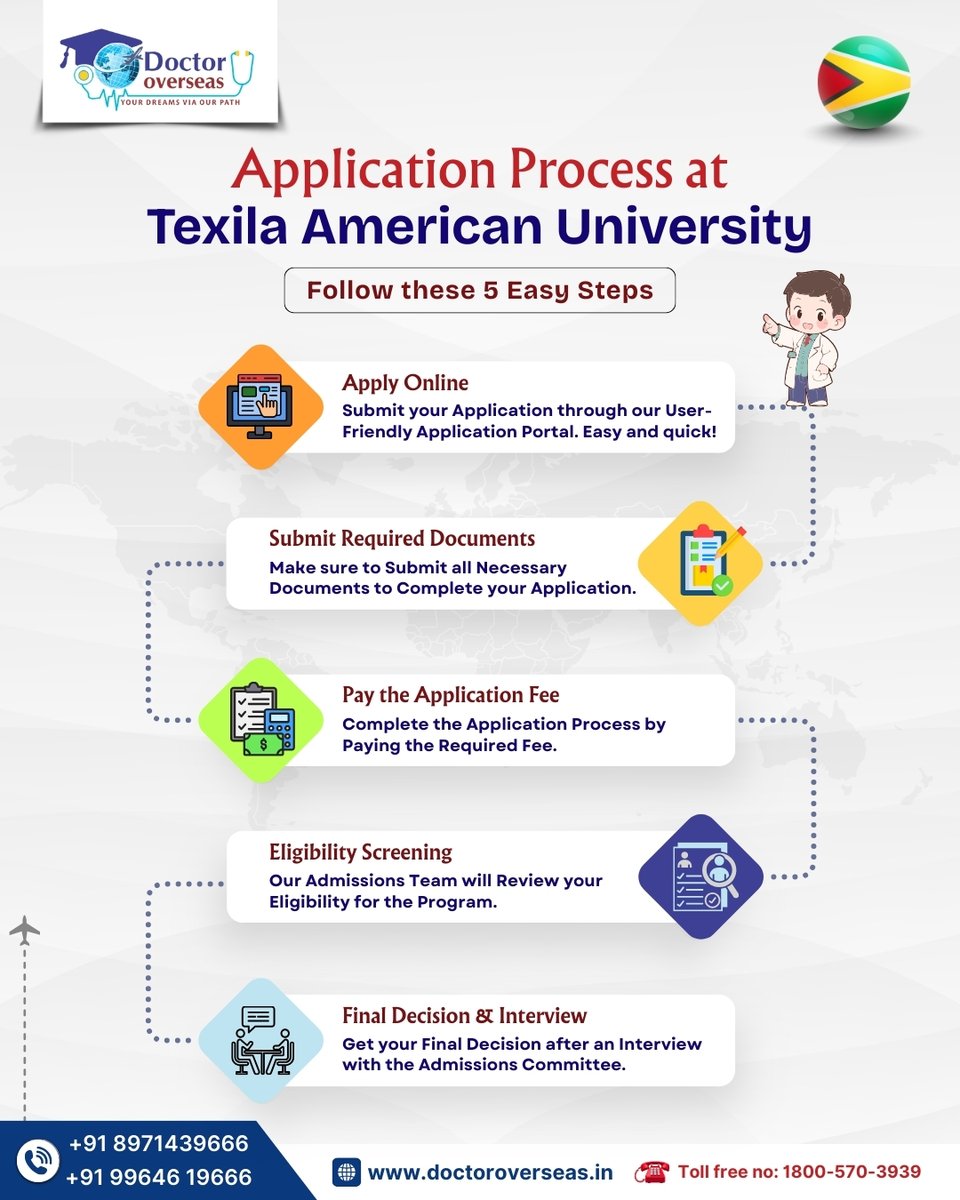 doctorovereas's tweet image. Discover the easy 5-step application process at Texila American University 🎓
From online application to final decision — we guide you at every stage. 
🌐 doctoroverseas.in
📞 +91 89714 39666 | +91 99646 19666 | 1800-570-3939

#TexilaUniversity #StudyAbroadGuide