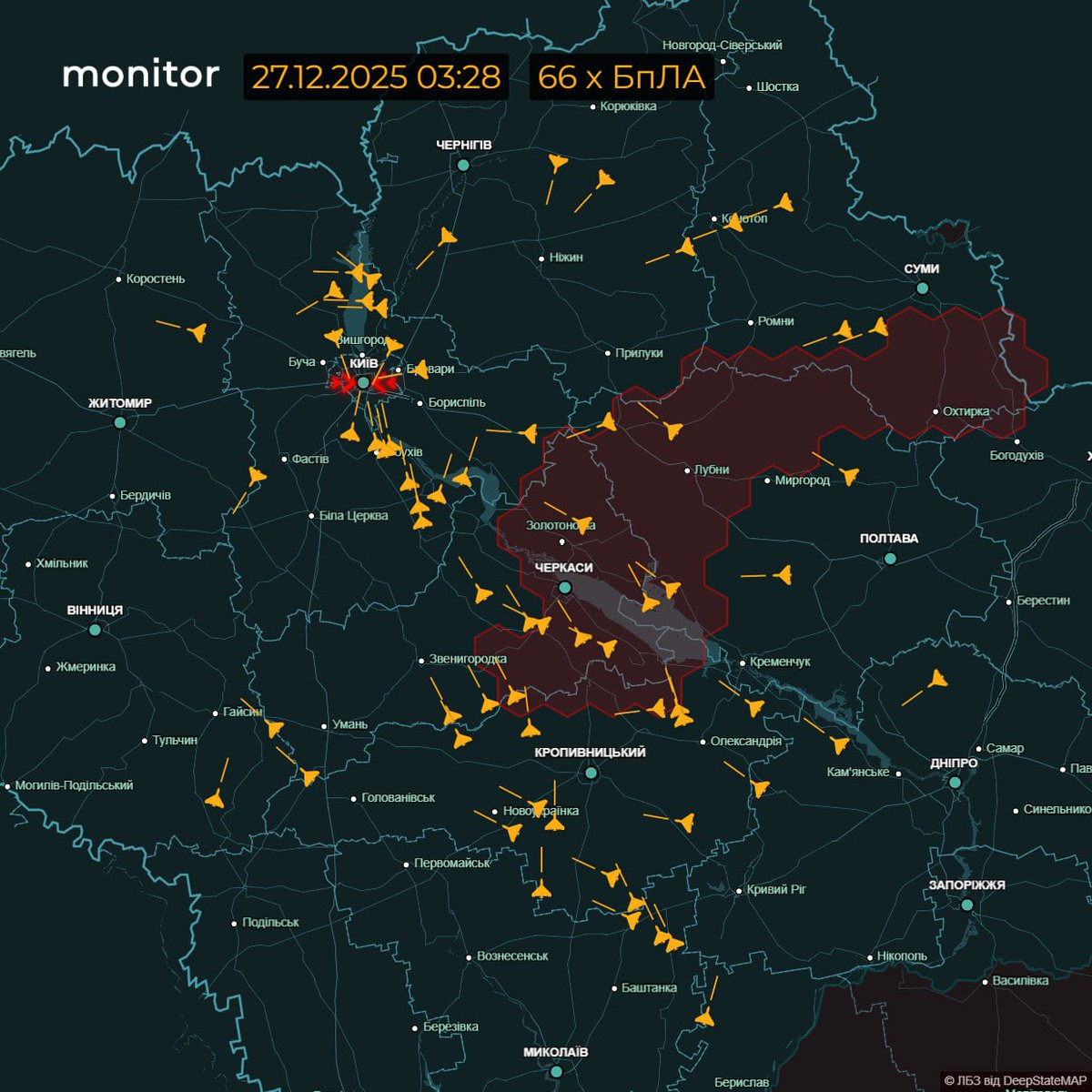 The red missile danger zone is expanding along with the movement of cruise missiles.

5 groups of CR are moving past Lubny in the direction of Smila, Cherkasy region.

UAVs continue to attack Kyiv and its suburbs.