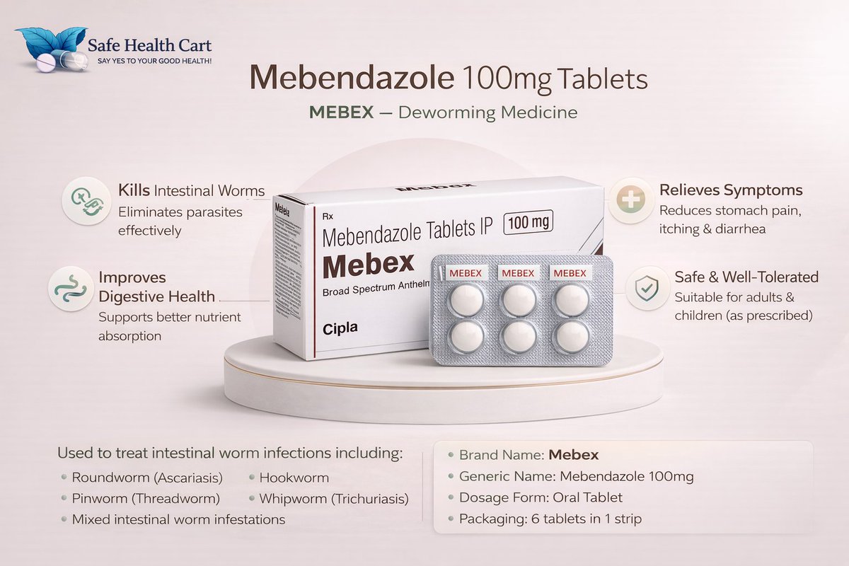 HarrisPark16694's tweet photo. 🦠Mebendazole 100mg (Mebex) 
Effective deworming medicine for roundworm, pinworm, hookworm & whipworm infections. Helps relieve stomach pain, itching & improves digestion. 
Safe & well-tolerated when used as prescribed🌟 #Mebendazole #Mebex #Deworming #GutHealth #ParasiticInfections #safehealthcart #WormInfection #PharmaCare #Healthcare #MedicineAwareness #SafeHealthCart