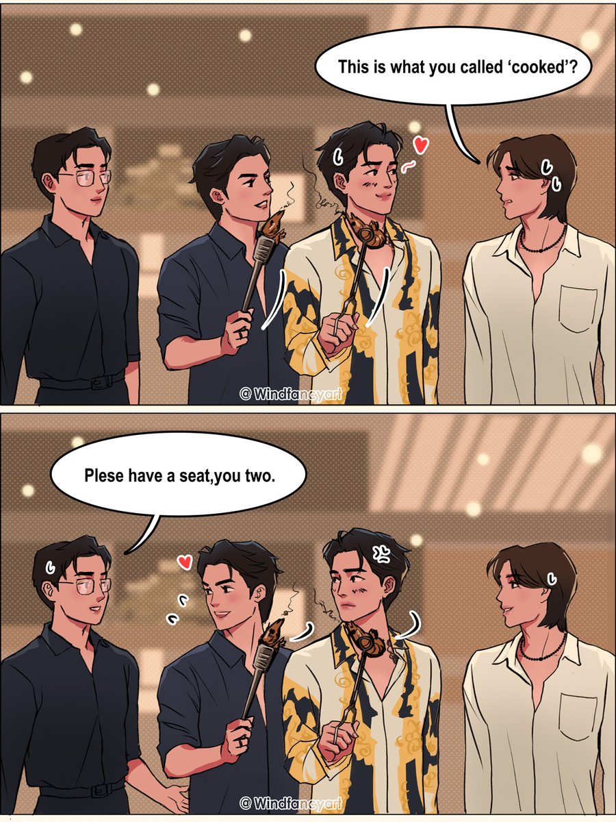 Windfancyart's tweet image. Khun Thee: 'No matter what Peach says, I think he's cute.🥰'
'No matter what Mok says,I want to deduct his bonus.😒'
Khun Rome: 'Mok is so cute. When will he be mine?😍'

#MeAndTheeSeries #PondPhuwin #WilliamEst  #fanart