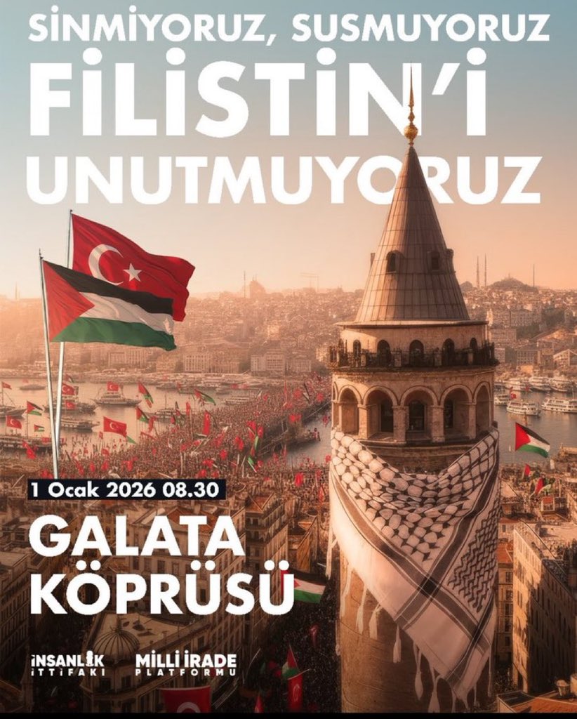 Sinmiyoruz, susmuyoruz, 
Filistin’i unutmuyoruz! 

Yeni yılın ilk günü Galata Köprüsü’nde buluşuyoruz!

📍 Galata Köprüsü
🗓 1 Ocak 2026
⏰ 08.30

#1OcaktaGalata #Gaza #Gazze