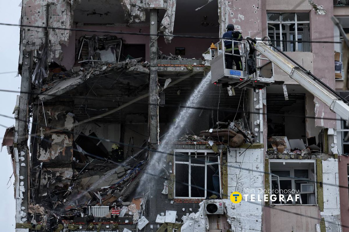 The consequences of a drone strike on one of the capital's buildings
Kyiv