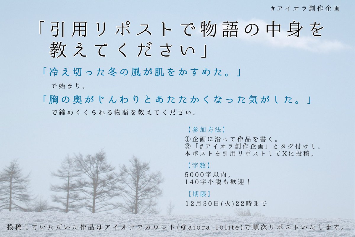 こんばんは、アイオラです💎

不定期創作企画のお時間です✨

今回は

「引用リポストで物語の中身を教えてください」

です！

#140字小説 も大歓迎！

詳細は画像をご覧ください❄️

たくさんのご参加をお待ちしております！

#アイオラ創作企画