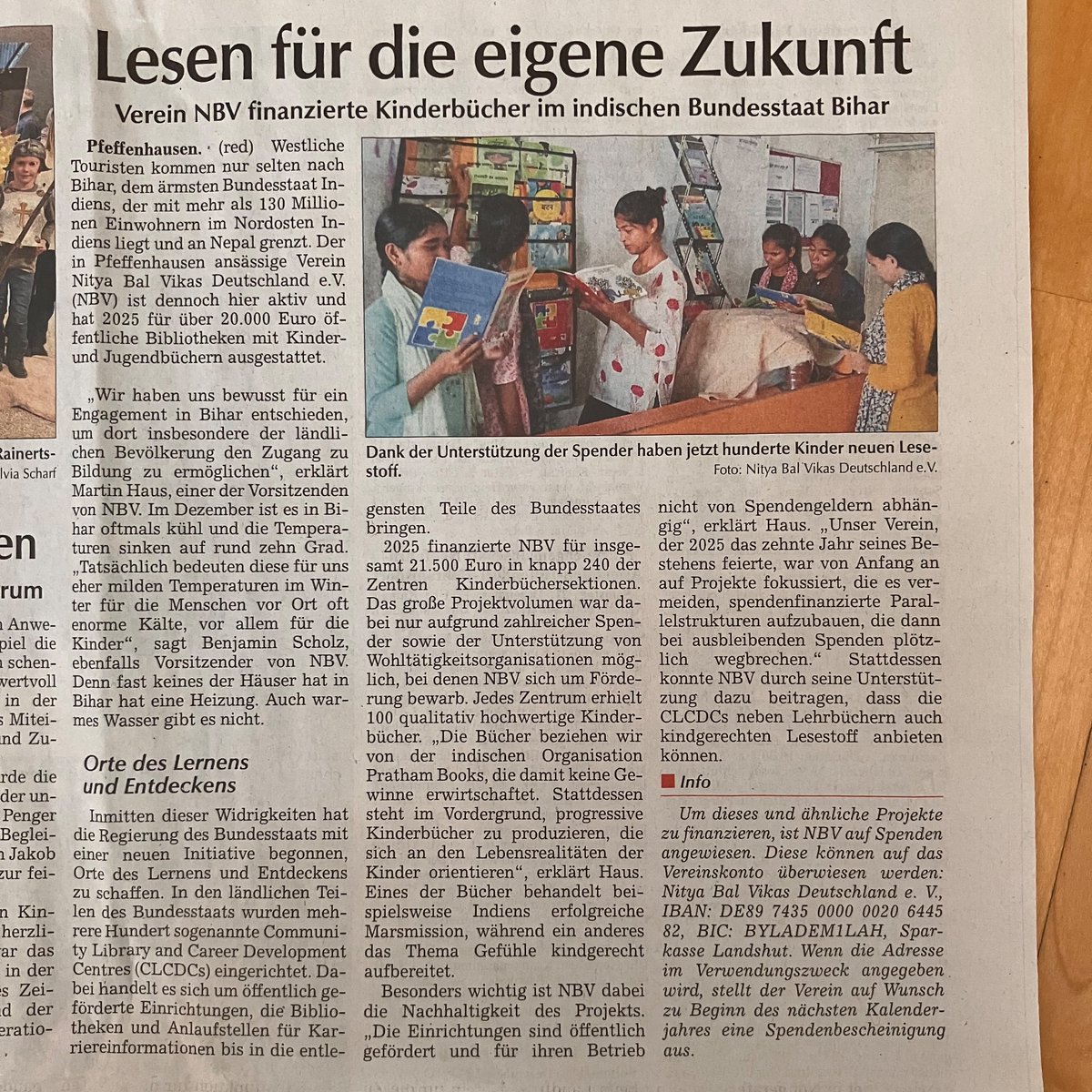 In 2025 we at <a href="/NBVDeutschland/">NBV Deutschland e.V.</a> have been able to support Bihar’s Jeevika CLCDCs with 240 sets of <a href="/prathambooks/">Pratham Books</a> children libraries. All over Bihar, children can now access high quality reading materials in a calm and child friendly environment.

German newspaper report below