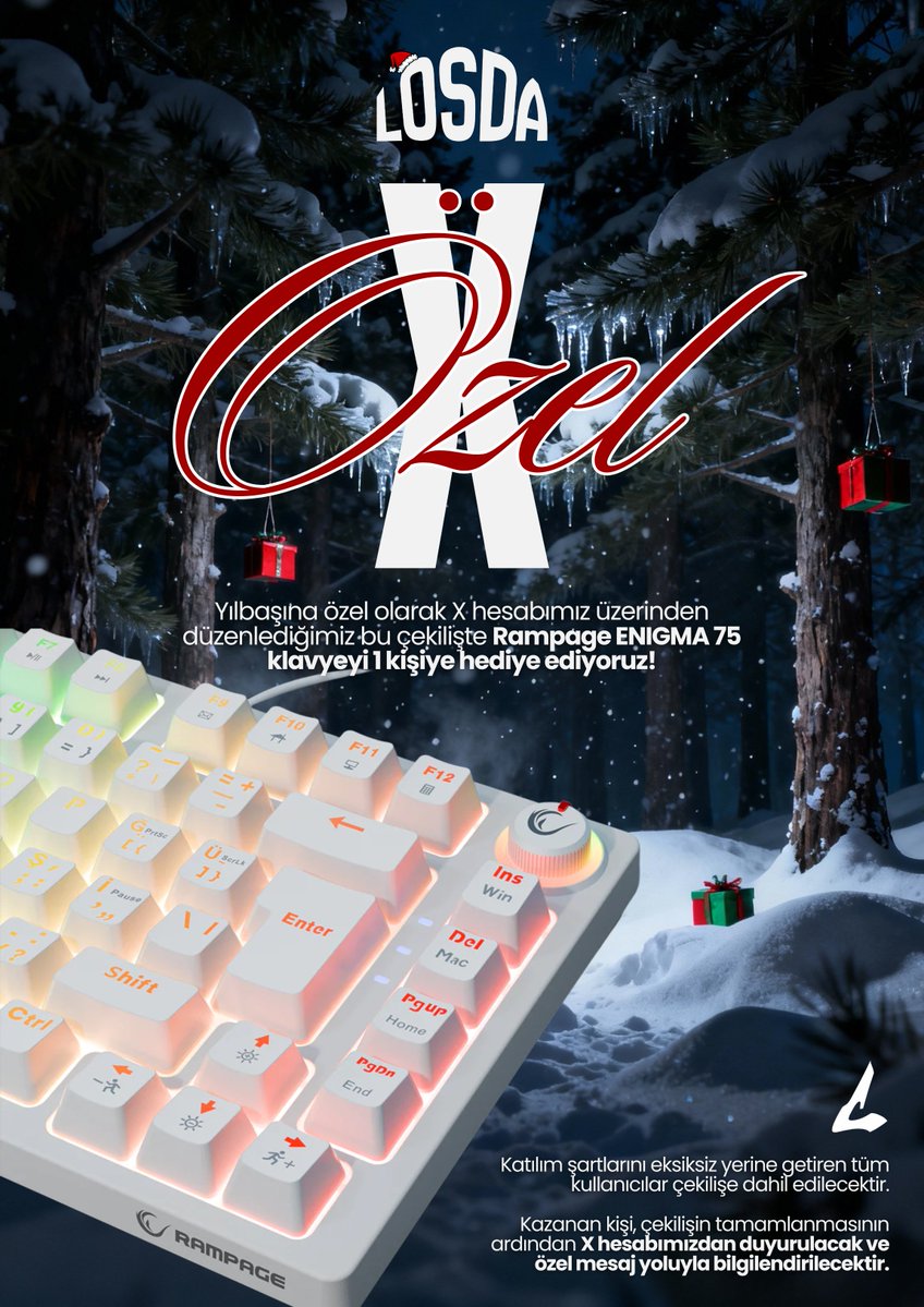 Yılbaşına özel X çekilişimiz başladı! 🎄🎁
Rampage ENIGMA 75 klavyeyi 1 kişiye hediye ediyoruz!

Katılım şartları:
• Bizi X’ten takip et.
• Yorumlara 2 arkadaşını etiketle.
• İlgili tweeti RT yap.

📅 Kazanan 2 Ocak 2026 tarihinde duyurulacaktır.

#ForzaLosda