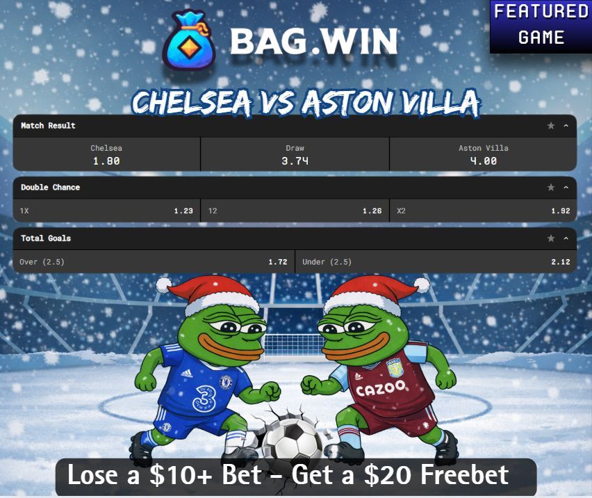 bagdotwin's tweet image. 🎁 BOXING DAY SPECIAL 🎁

Chelsea 🆚 Aston Villa
Big Premier League clash under the lights 🔥⚽

💸 Bet $10+
❌ If your bet loses → Get a $20 FREEBET!
✅ Prematch &amp;amp; Live bets included

Play smart &amp;amp; enjoy Boxing Day action on @bagdotwin 💰

Who you got? 👀🔥
#BoxingDay