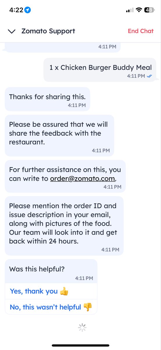 uditiraina's tweet photo. @zomatocare 
Ordered a KFC meal (Order ID: 7626319323) and a medium Chicken Popcorn was missing. Instead of resolving it, support asked me to email and wait 24 hrs, saying they’ll “share feedback.” What am I supposed to do with an incomplete family order? Very disappointing. https://t.co/gCl1ZjV0Z7