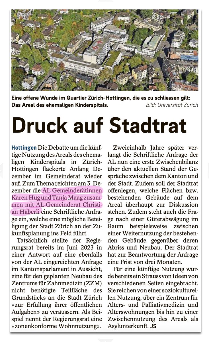 Die <a href="/al_zuerich/">Alternative Liste Zürich</a> will wissen, was auf dem Areal passiert, wo früher das #kinderspital war.