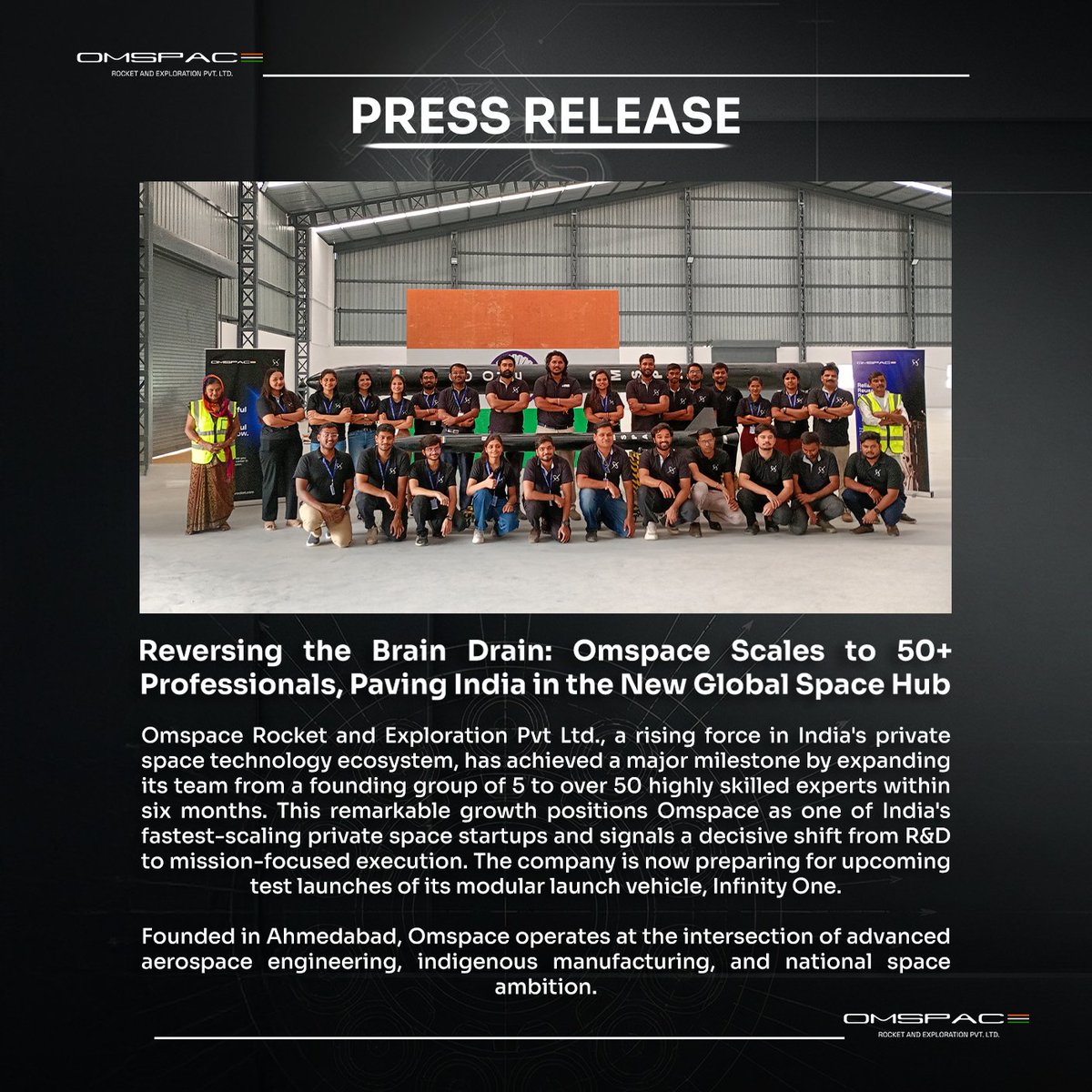 Omspace_in's tweet photo. reversing the brain drain: omspace has scaled to 50+ spacetech professionals in 6 months while gearing up infinity one and india’s new space hub.
#spacetech #makeinindia #omspace #pressrelase #ahmedabad https://t.co/5qxyqrtYz3