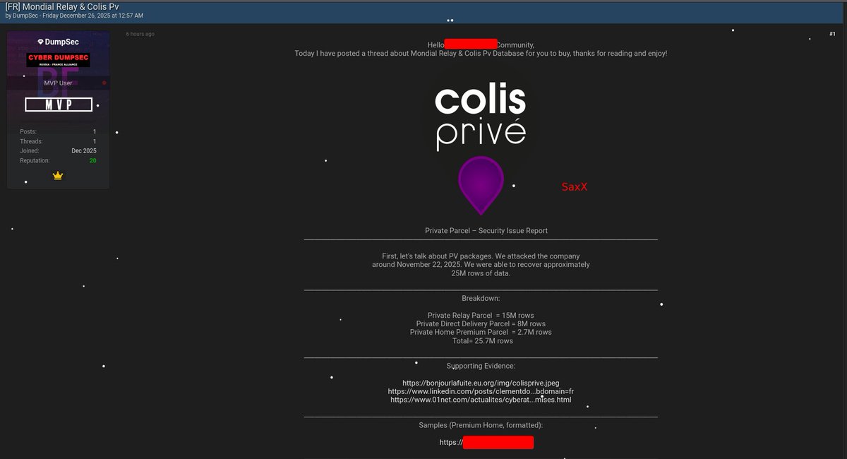 _SaxX_'s tweet image. 🚨🔴CYBERALERT 🇫🇷FRANCE🔴 | Mondial Relay et Colis Privé piratés... Au total 25M de données personnelles dans les mains de cybercriminels... ⤵️

Vivement que 2025 se termine... JPP ! 

Encore une nouvelle cyberattaque sur 2 géants de la livraison à domicile et en point relais...…