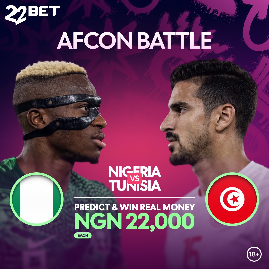 ₦22,000 CASH up for grabs!!! 🤑
Predict the correct scoreline for Nigeria 🇳🇬vs Tunisia 🇹🇳 and stand a chance to win ₦22,000 cash. 

To enter: 
- Follow @22betnaija 
- Like &amp; share this post 
- Comment your score prediction + your 22Bet User ID