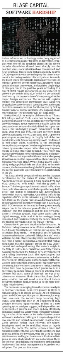 TheDailyPioneer's tweet photo. India’s IT sector faces a structural slowdown as GCCs and generative AI erode growth and pricing power, even as deep de-rating creates selective long-term opportunities.
Read more: https://t.co/d1HMnWnOmP
Writes: PNS
#IndianIT #SoftwareServices #TechSlowdown #GCCs #GenerativeAI #ITSector #StockMarkets #investing