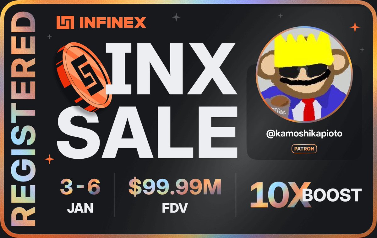 kamoshikapioto's tweet photo. I'm registered for the @infinex sale - $99.99M FDV, 3-6 Jan 2026 https://t.co/U7wlKLTaXV