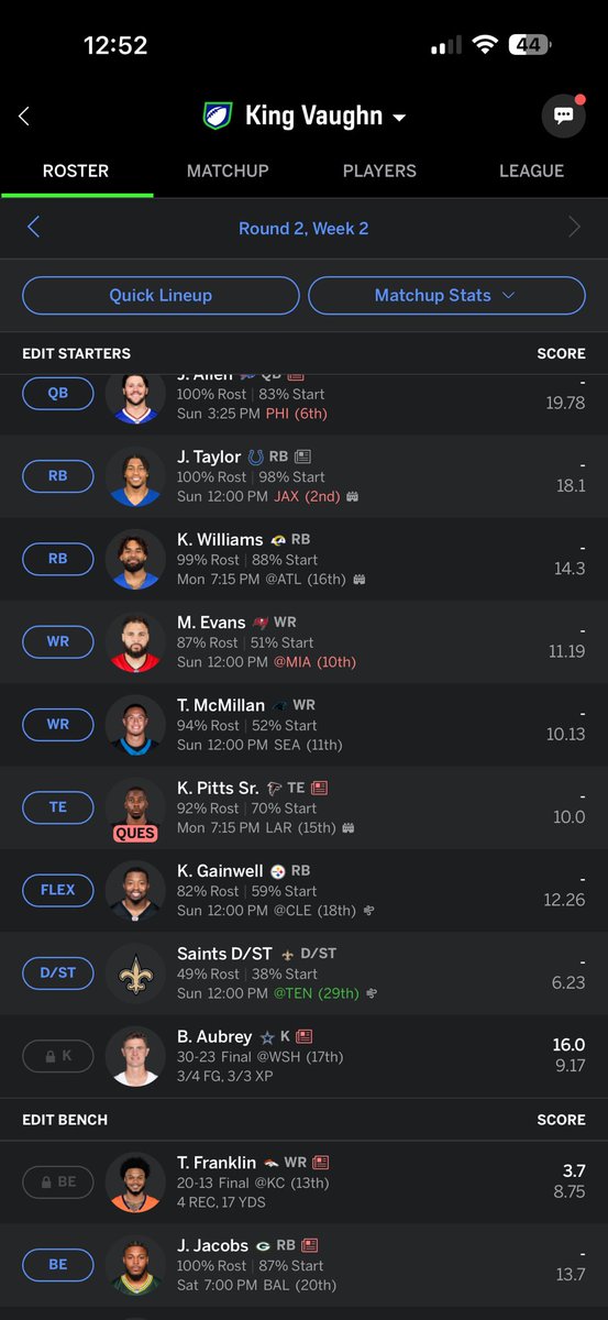 Tyler_Smith_52's tweet photo. @LukeChrisFFL Do I sub Jacobs in even with the knee injury? https://t.co/mWCG31rYTG