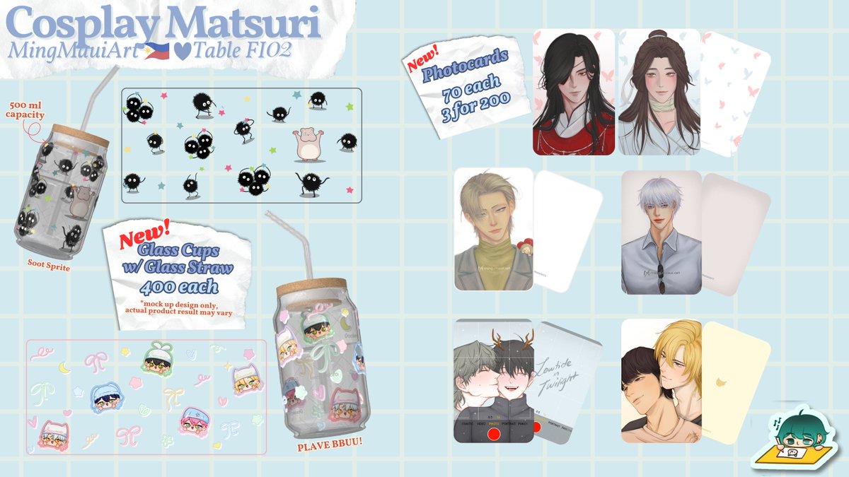 mingmauiart's tweet image. {1/3}

[📷 &amp;amp;  ↻ appreciated!  ( o´ｪ｀o)]

#COSMATSU2025 Full Catalogue (^ー^)

Bringing some new merch this event! (peek the vtuber gacha 👀)

💠Dec 28-30
💠Table FI-02
💠BL, PLAVE, Vtubers, Manhwas, etc. 
💠DM for Pre-Orders! ^^ 

#FanfairAtCosplayMatsuri2025