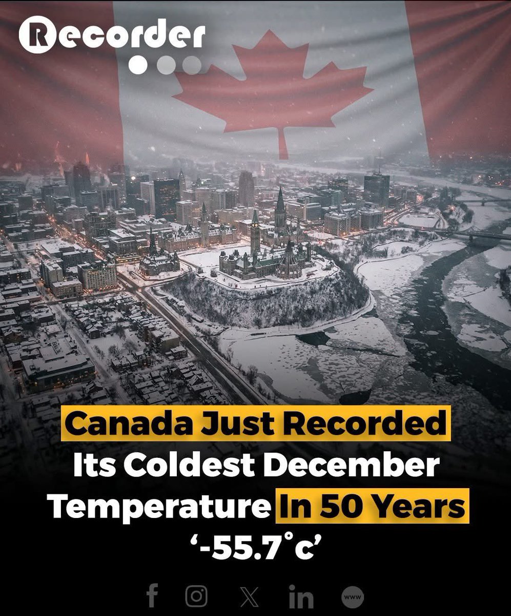 HamzaCh789's tweet image. Canada has recorded its coldest December temperature in 50 years, dropping to -55.7°C. The historic cold wave has disrupted travel, frozen infrastructure, and raised health risks, including hypothermia. 

#CanadaWeather #RecordCold #ExtremeWeather #December2025 #ColdWave