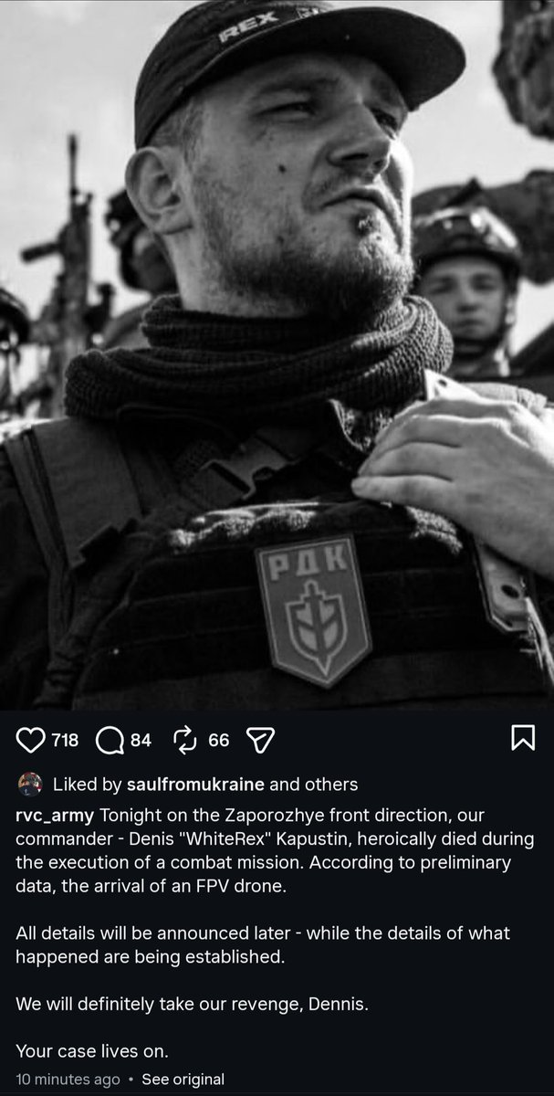EventsUkraine's tweet image. Breaking - Denis "WhiteRex" Kapustin, leader of Ukraine's Russian Volunteer Corps, has been killed by a Russian FPV drone

Kapustin, banned from the EU since 2019 for his neo-nazi views, was one of the most influential white nationalists on earth
