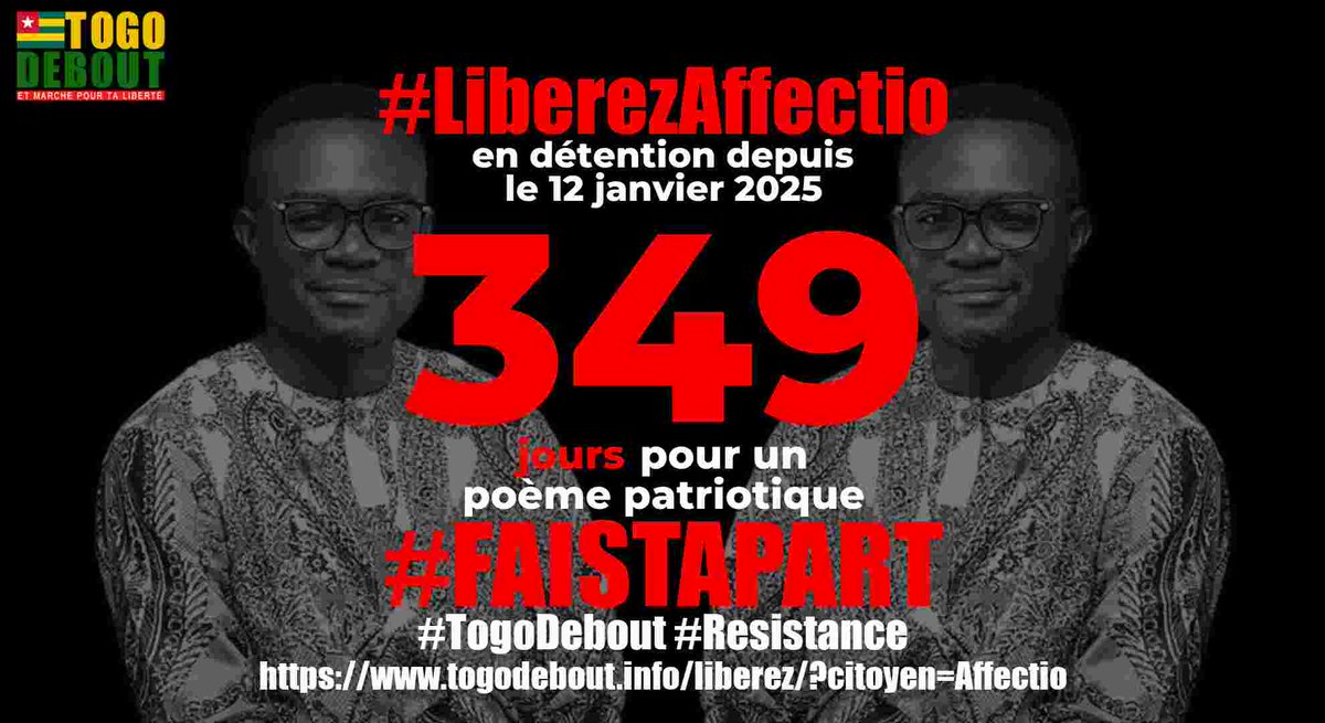Libérez Affectio / Free Affectio

Affectio est arbitrairement detenu depuis 349 jours

togodebout.info/liberez/?citoy…

#LiberezLesPrisonniersPolitiques
#LiberezAffectio #FreeAffectio
#FreeTogo
#TogoDebout
#FaureMustGo