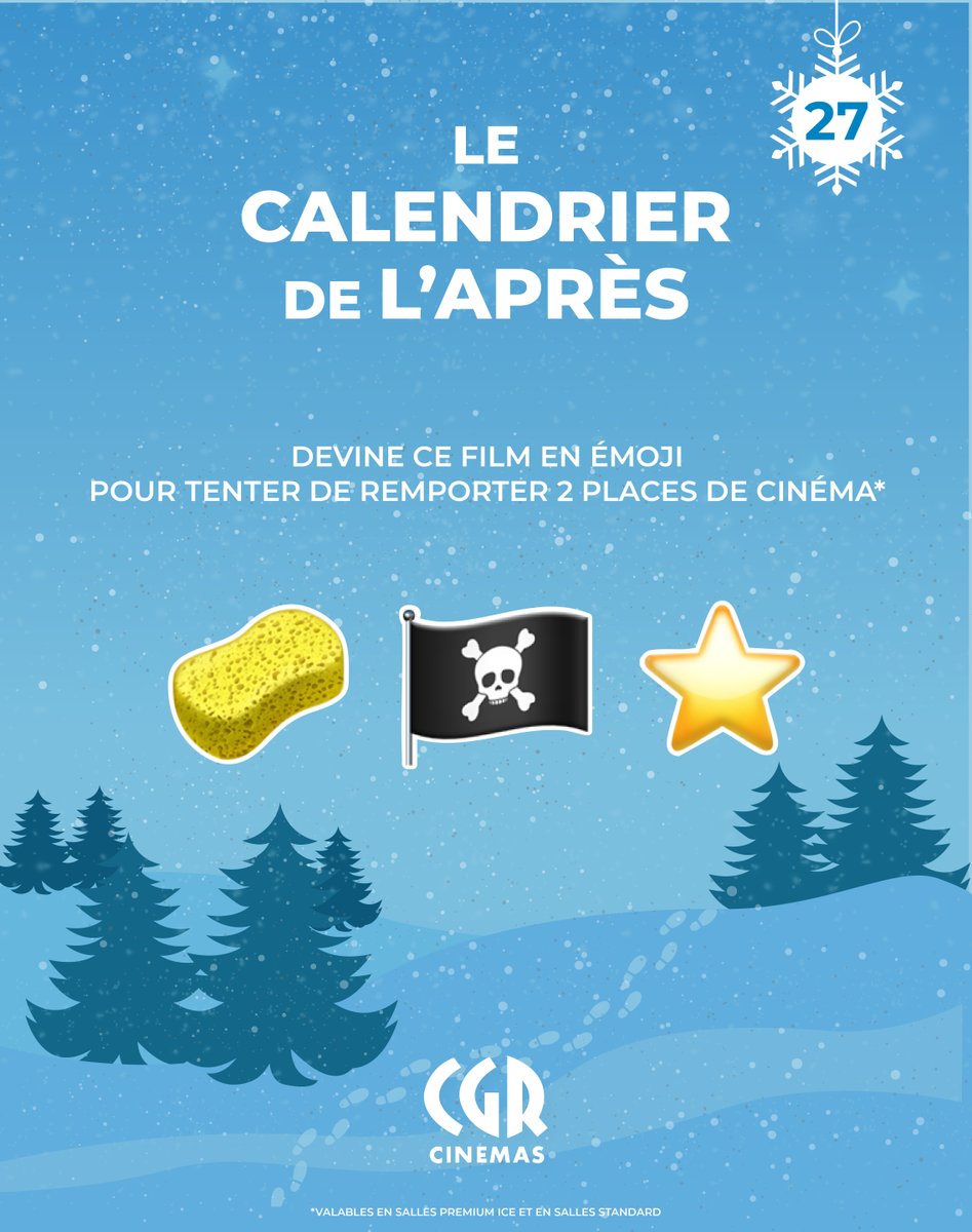 CGRCinemas's tweet image. Sauras-tu retrouver le film avec ces émojis pour tenter de remporter 2 places de cinéma 😎
Pour participer :
🎫 Suivre notre compte @CGRCinemas
🎫 RT
🎫 Commente ta réponse
Tirage au sort le 30 décembre !  Bonne chance à tous·tes 🍀
